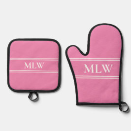Einfache rosa und weiße Monogramm Ofenhandschuh & Topflappen-Set