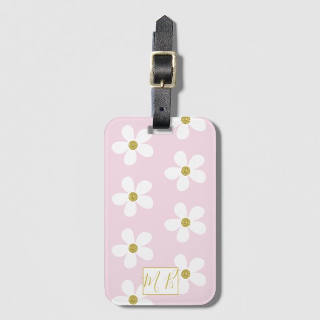 Einfache Rosa White Daisy Gold Monogram Travel Gepäckanhänger (Vorderseite Vertikal)