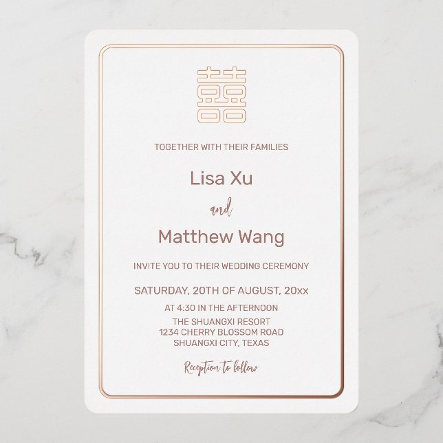 Einfache Rose Gold Chinesisch Hochzeit Folieneinladung (Vorderseite)