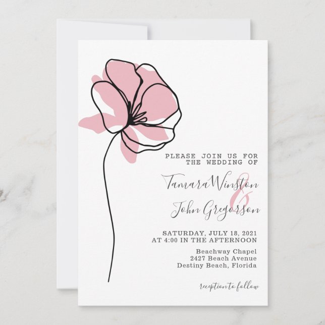 Einfache Rose Gold Floral Zeichnend Linie Art Wedd Einladung (Vorderseite)