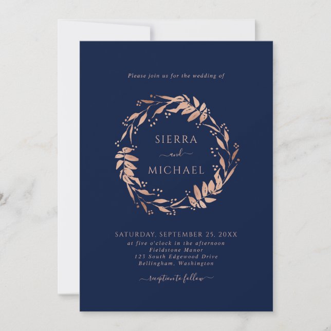 Einfache Rose Gold Foliage Navy Blue Wedding Einladung (Vorderseite)