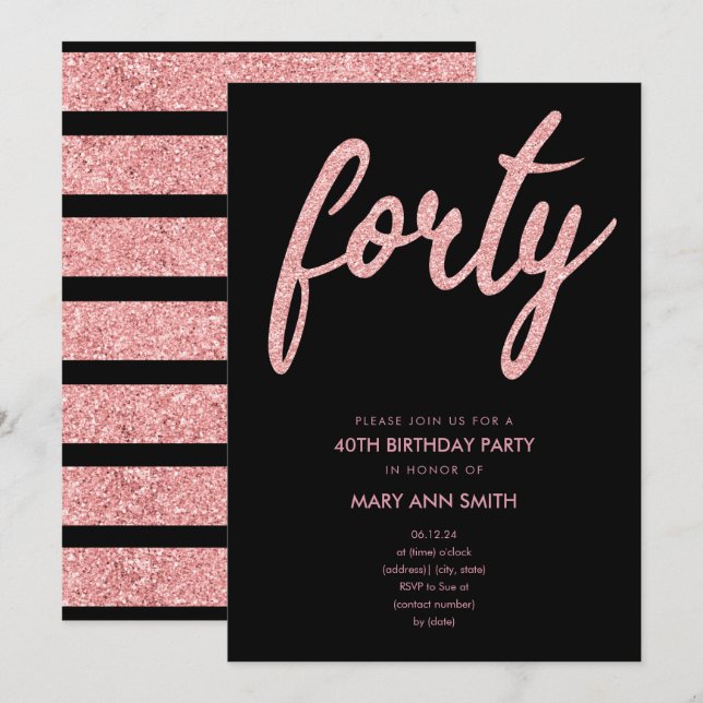 Einfache Rose Gold Glitzer 40. Geburtstag Party Einladung (Vorne/Hinten)