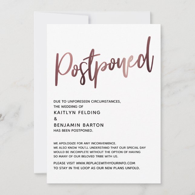 Einfache Rose Gold Handschrift verzögert Hochzeits Einladung (Vorderseite)