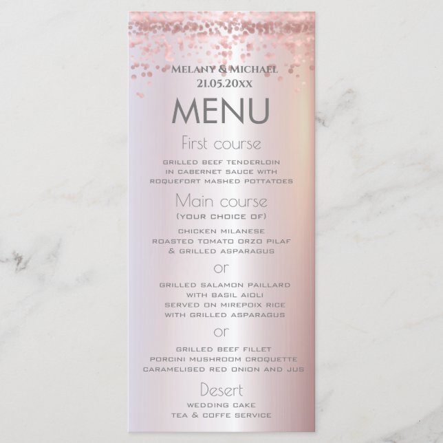 Einfache Rose Gold Konfetti Metallic elegant Menükarte (Vorderseite)