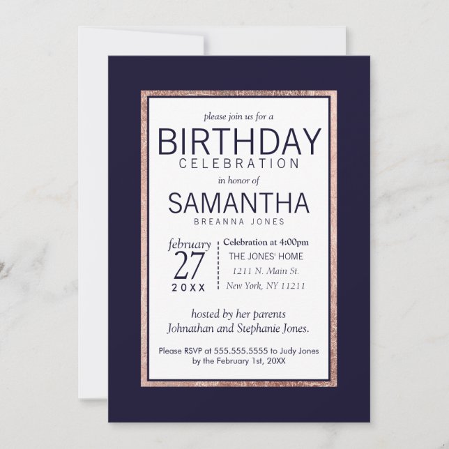 Einfache Rose Gold Lined Navy Blue Birthday Party Einladung (Vorderseite)