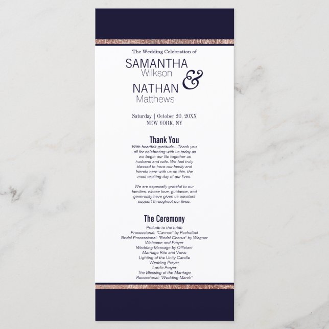 Einfache Rose Gold Lined Navy Blue Hochzeitsprogra Programm (Vorderseite)