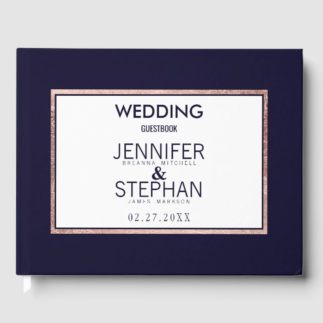 Einfache Rose Gold Lined Navy Blue Wedding Gästebuch (Vorderseite)