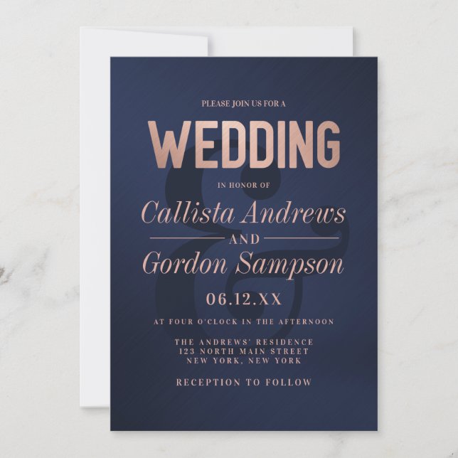 Einfache Rose Gold Navy Brushed Metal Wedding Einladung (Vorderseite)