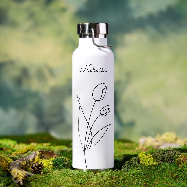 Einfache Rose Schwarz-weiß Trendy Floral Trinkflasche (Außenbereich)