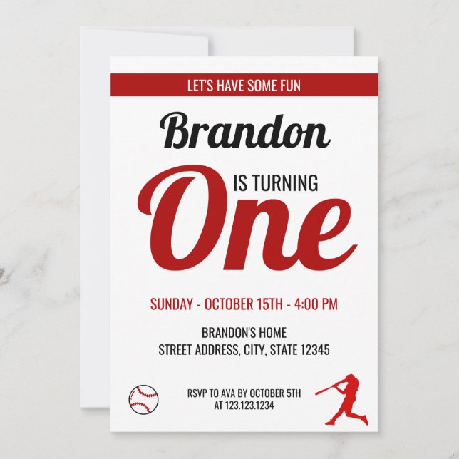 Einfache Rot und Schwarz Baseball 1. Geburtstag Einladung (Vorderseite)
