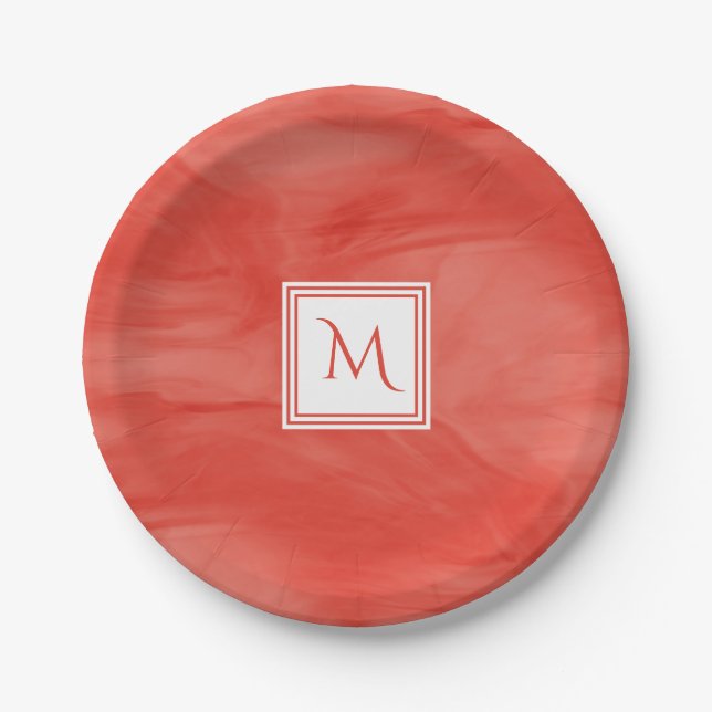 Einfache Rote Orange Subtile Marmor Modernes Monog Pappteller (Vorderseite)