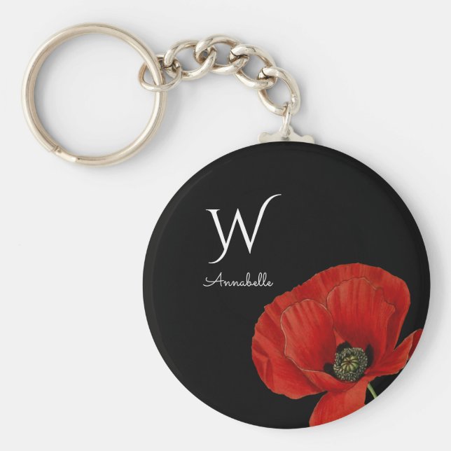 Einfache rote Poppe auf Schwarz mit Monogramm Schlüsselanhänger (Vorne)