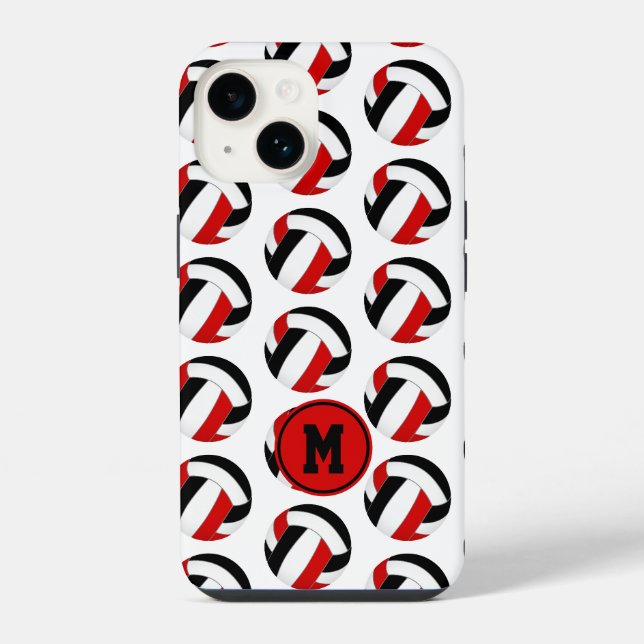 einfache rote schwarze Volleybälle Muster monogram iPhone 14 Hülle (Rückseite)