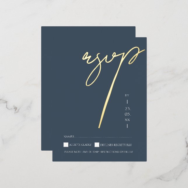 Einfache Royal Blue Gold Script Hochzeit RSVP Gold Folie Einladungspostkarte (Vorderseite/Rückseite)