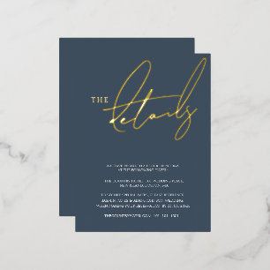 Einfache Royal Blue Gold Script Hochzeitsdetails G Folie Einladungspostkarte