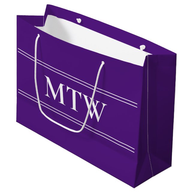 Einfache Royal Lila mit White Monogram Große Geschenktüte (Vorderseite Schrägansicht)