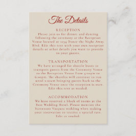 Einfache Ruby Red Bone White Wedding Details Begleitkarte