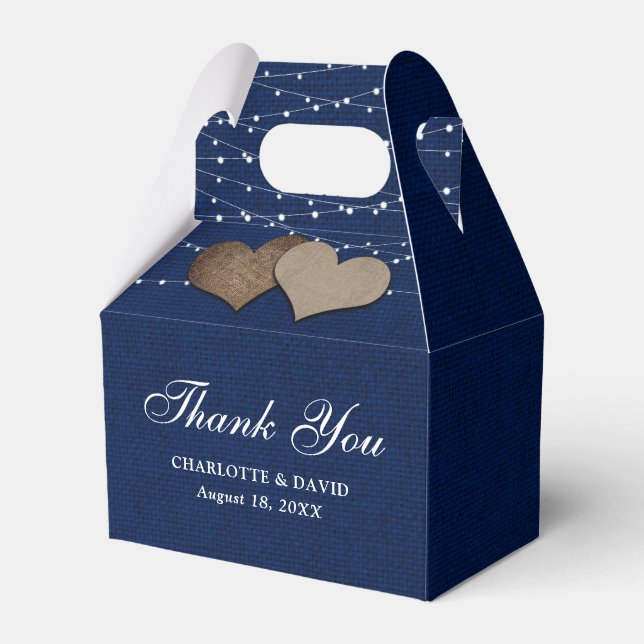Einfache rustikale Blue Burlap-Gastgeschenk Hochze Geschenkschachtel (Vorderseite)