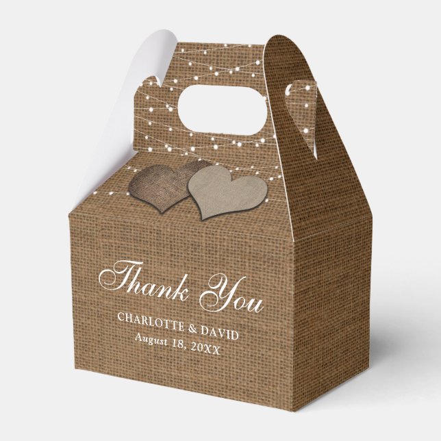 Einfache rustikale Burlap-Gastgeschenk Hochzeit Geschenkschachtel (Vorderseite)