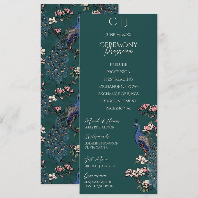 Einfache rustikale florale Pfau-Hochzeitsprogrammk (Vorne/Hinten)
