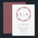Einfache rustikale Mauve Moderne Vegetation Save t Save The Date<br><div class="desc">Schöne, einfache, rustikale Hochzeit speichern Sie das Datum mit Mauve-Cranberry Kranz und Initialen. Vollständig angepasst mit Namen, Daten, Ort und Farben, um Ihr Hochzeitstil zu gestalten.</div>