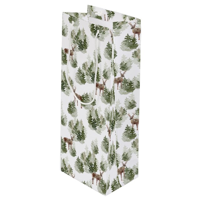 Einfache rustikale Winterwälder Wasserfarben Weihn Geschenktüte Für Weinflaschen (Vorderseite Schrägansicht)