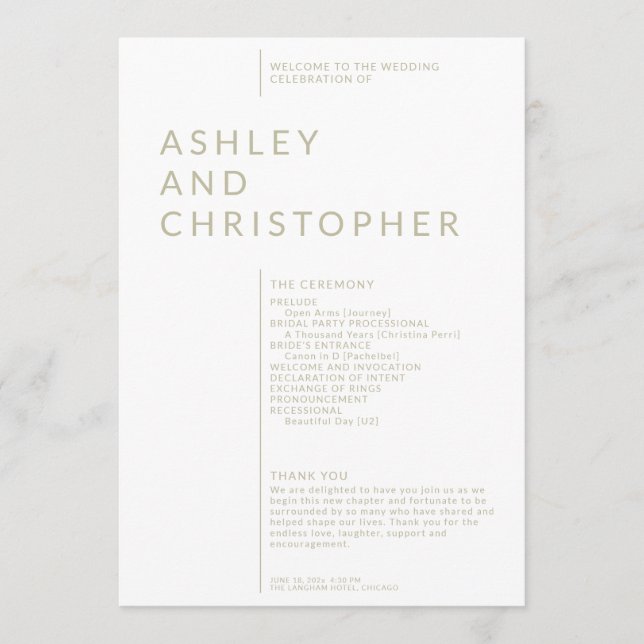 Einfache Sage Green Abgeschieden Names Hochzeitfei Programm (Vorderseite)