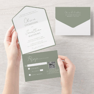 Einfache Sage Green Schrift QR Code Hochzeit All In One Einladung