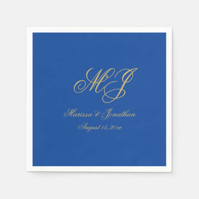 Einfache Saphire Blue Gold Monogram Script Hochzei Serviette (Vorderseite)