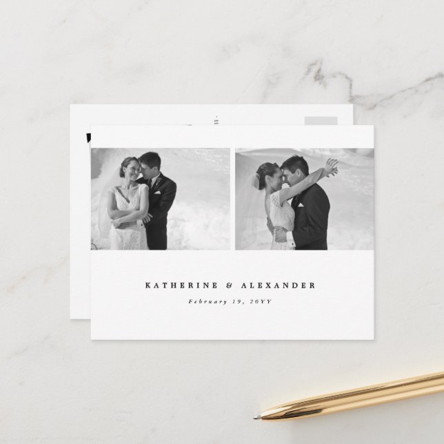 Einfache, saubere, weiße Rahmen Hochzeit Dank Ihne Postkarte (Vorderseite/Rückseite Beispiel)