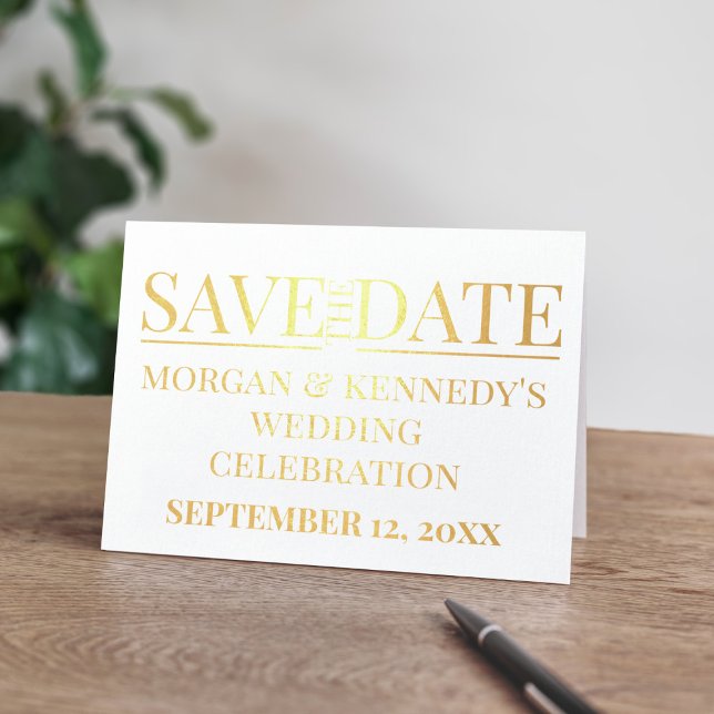 Einfache Save the Date Hochzeitskarte Folienkarte (A gold foil Save the Date folded card with space for your wedding details. Congratulations!)