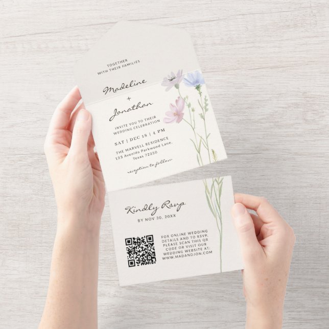 Einfache schicke Wildblume Beige Hochzeit All In One Einladung (Abreißtisch)