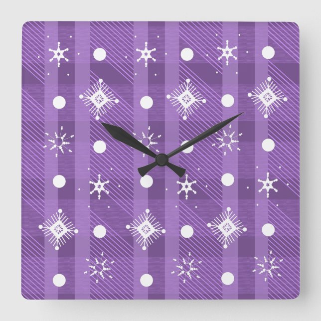Einfache Schneeflocken Lila Kariert Quadratische Wanduhr (Vorderseite)