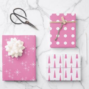 Einfache Schneeflocken Weihnachtsbäume Rosa Geschenkpapier Set