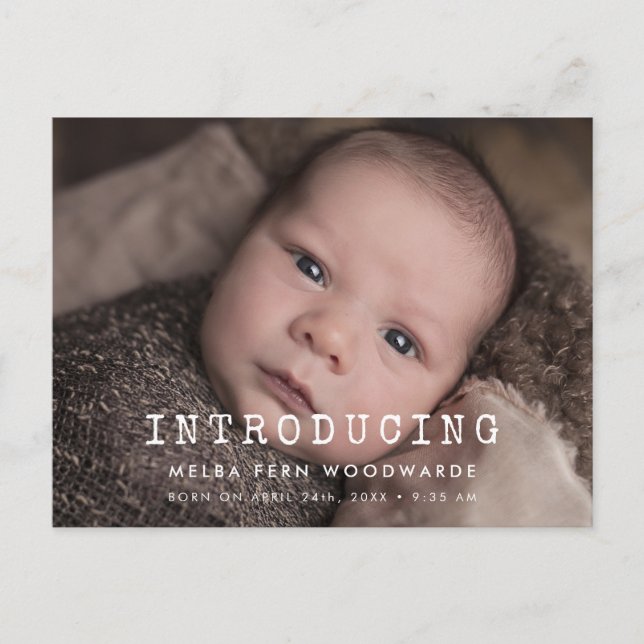 Einfache Schreibmaschine New baby Einführung Foto Postkarte (Vorderseite)