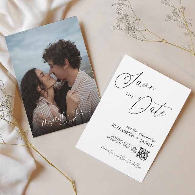 Einfache Schrift QR-Code Foto Hochzeit Save The Date (Von Creator hochgeladen)