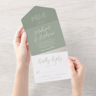Einfache Schrift Sage Grün Hochzeit All In One Einladung