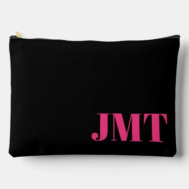 Einfache Schwarz-Bright-Rosa und Orange-Monogramm Zubehörtasche (Vorderseite)