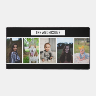Einfache Schwarz Custom Familie fünf FotoCollage Schreibtischunterlage
