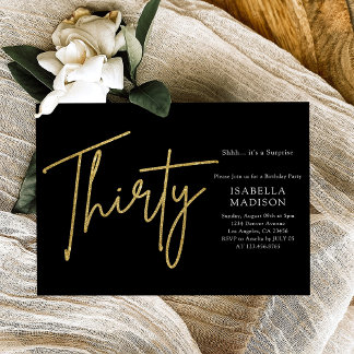 Einfache Schwarz/Gold Glitzer 30. Geburtstag Einladung