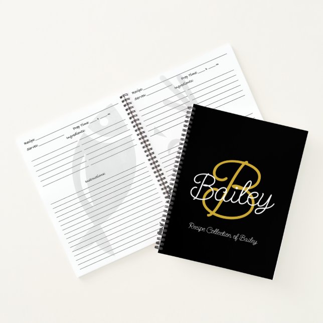 Einfache Schwarz-Gold Retro-Script Monogram-Rezept Notizbuch (Innenseite)
