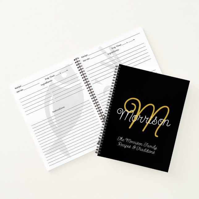 Einfache Schwarz-Gold Retro-Script Monogram-Rezept Notizbuch (Innenseite)