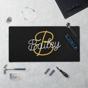 Einfache Schwarz-Gold-Retro-Script-Monogramm Schreibtischunterlage