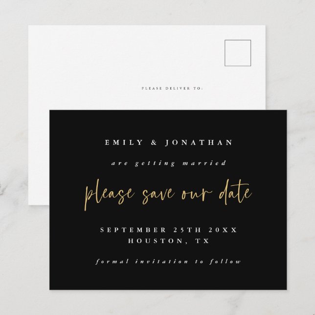 Einfache Schwarz-Gold-Script-Hochzeit speichern Si Ankündigungspostkarte (Vorne/Hinten)