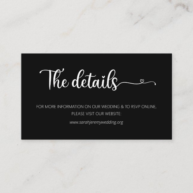 Einfache Schwarz-Hochzeit-Details Website-Umschlie Begleitkarte (Vorderseite)