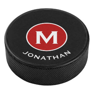 Einfache schwarz-klassische rote Monogrammbezeichn Eishockey Puck