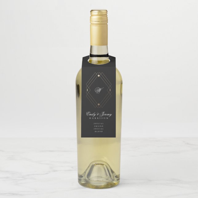 Einfache Schwarz-Moderne Geometrische Hochzeit Flaschenanhänger (Auf Flasche)