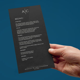 Einfache Schwarz-Noir-Monogramm-Hochzeitsempfehlun Menükarte