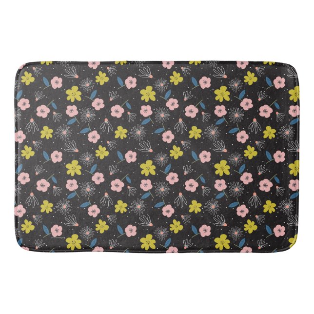 Einfache Schwarz-Rosa-Illustration Blumenmuster Badematte (Vorderseite)