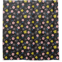 Einfache Schwarz-Rosa-Illustration Blumenmuster Duschvorhang